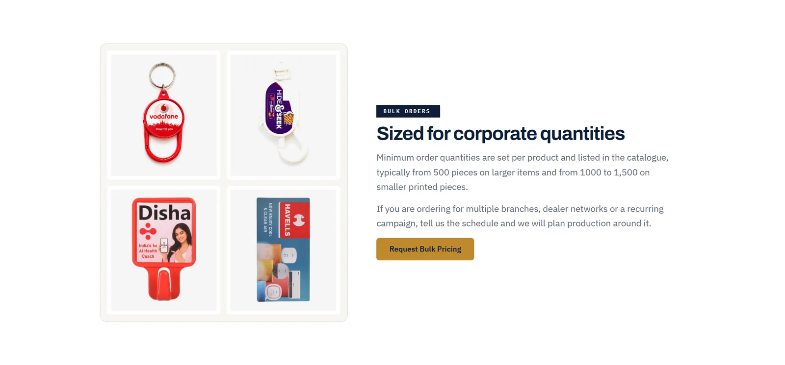A bulk orders section stating that minimum quantities are set per product and listed in the catalogue, beside four photographs of branded promotional items.
