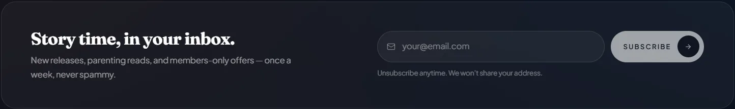 The newsletter panel, stating a weekly cadence and what the list carries beside the address field, with its unsubscribe promise under the button.