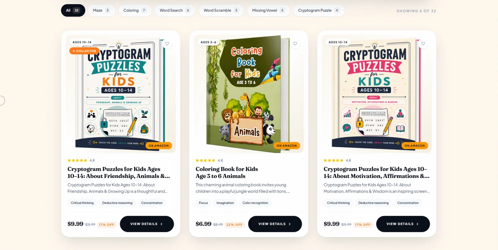The storefront shelf with seven category chips carrying counts above three book cards, each showing an age band, a rating, skill tags, a price and a marketplace badge.