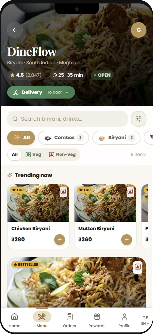 The mobile menu with portion sizes and extras priced as the item is built.