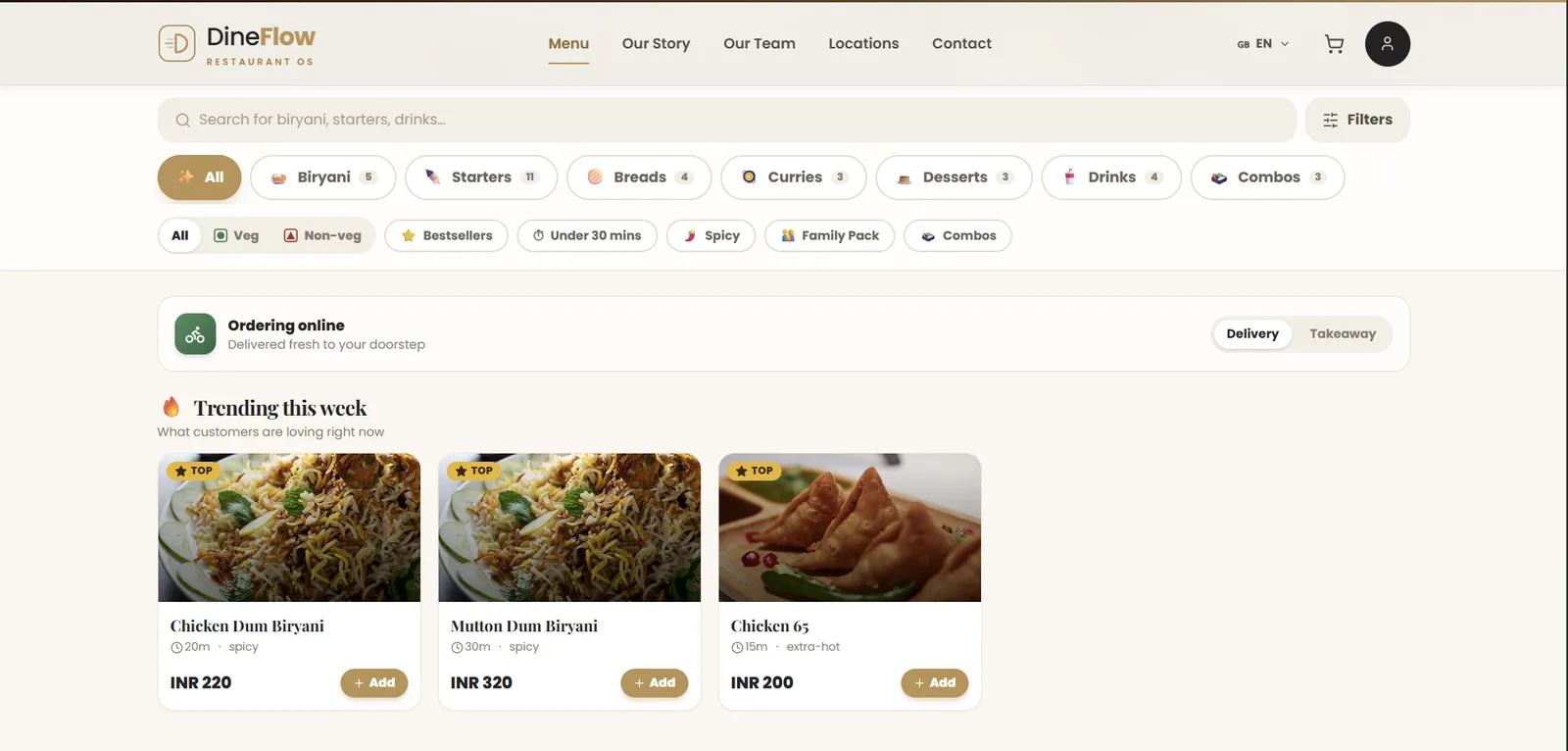 The web menu with filter chips carrying counts, a delivery-or-takeaway toggle and a prep time on each card.