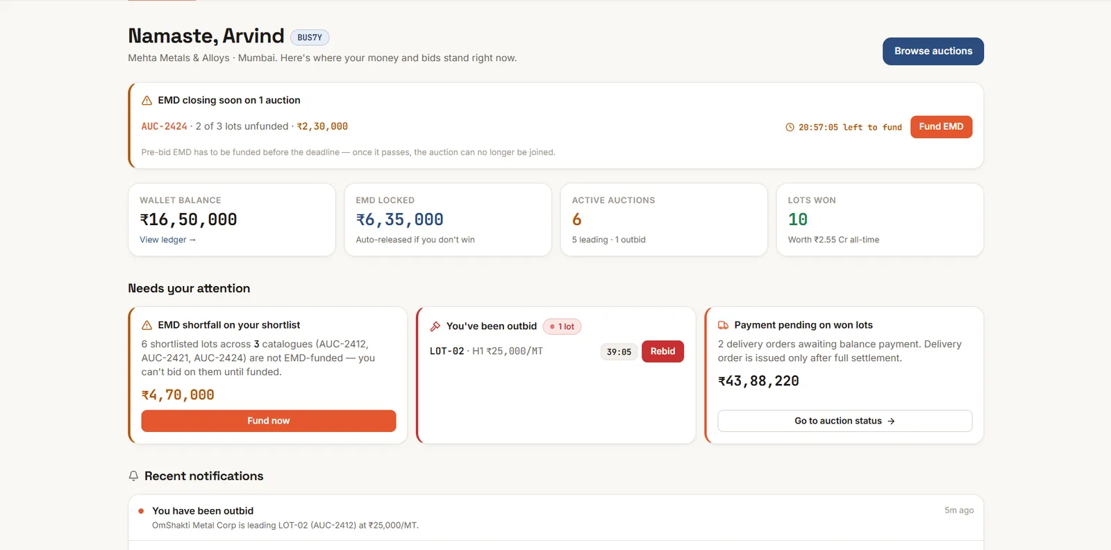 A buyer dashboard with wallet balance, EMD locked, active auctions and lots won, and cards for what needs attention today.