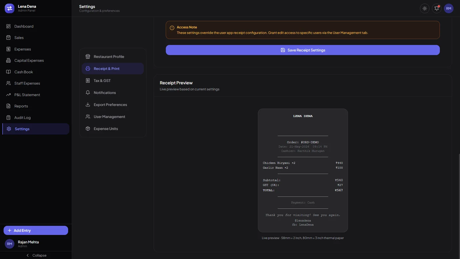 A receipt and print settings tab with a live thermal receipt preview beside it, showing the header, order lines, GST and footer.
