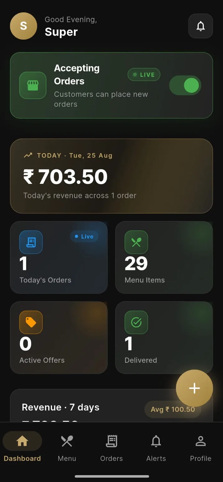 The Android panel home screen with an accepting-orders switch, the day’s revenue, and tiles for orders, menu items, active offers and delivered orders.
