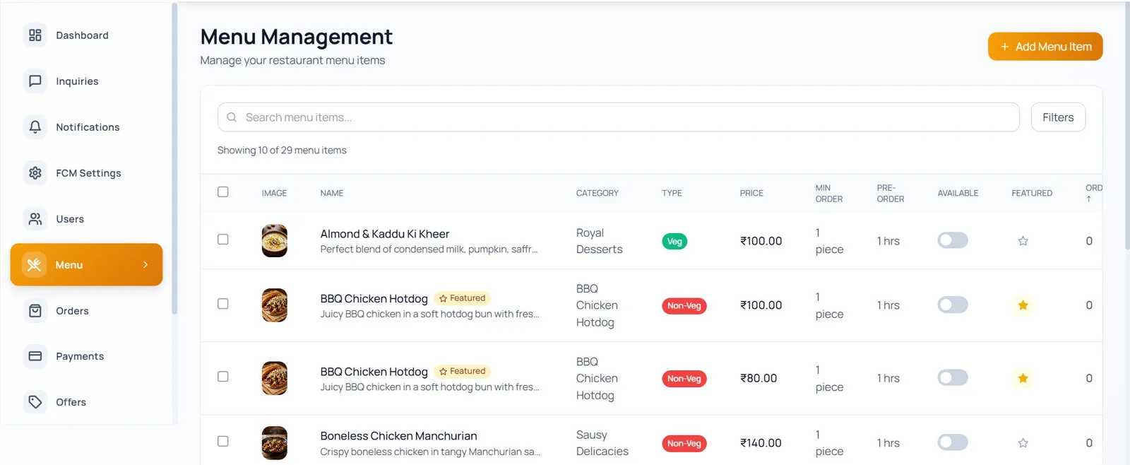 The menu management table listing dishes with their category, veg or non-veg type, price, minimum order, pre-order time, availability toggle and featured star.