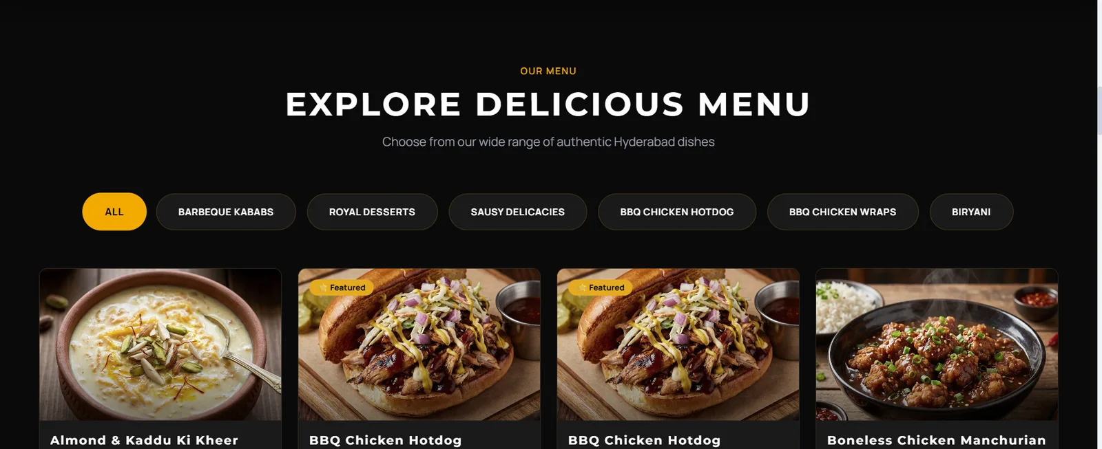 The storefront menu with category chips over a grid of dishes, each card carrying a photograph, a name, a description and a price.