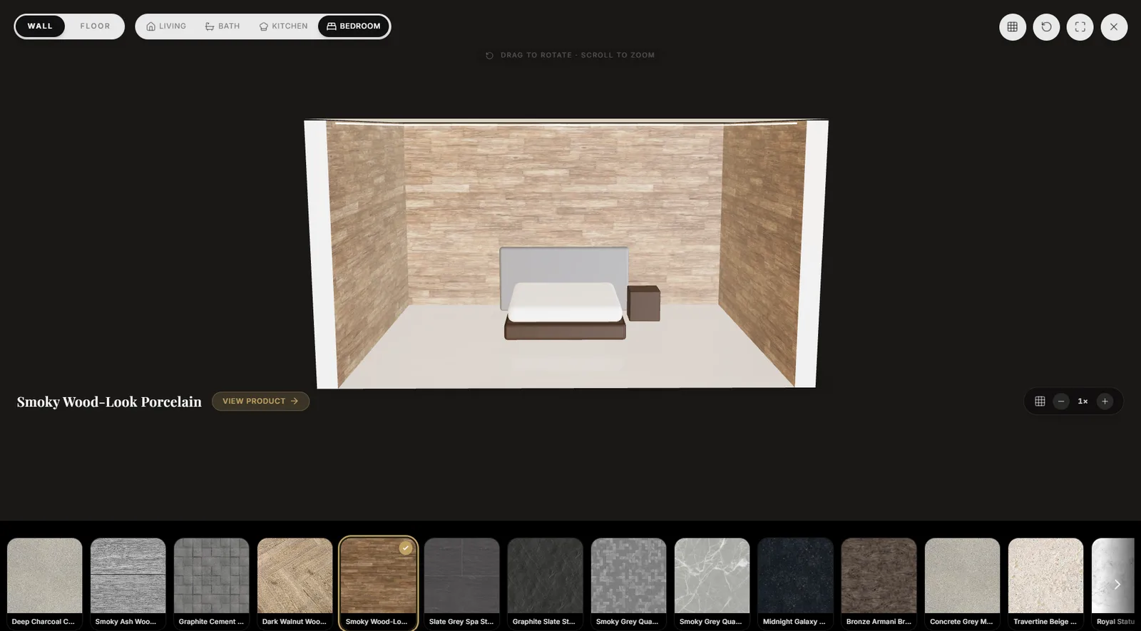 The same bedroom with a wood-look porcelain moved onto the walls, the floor left plain, and the finish named beneath the room.