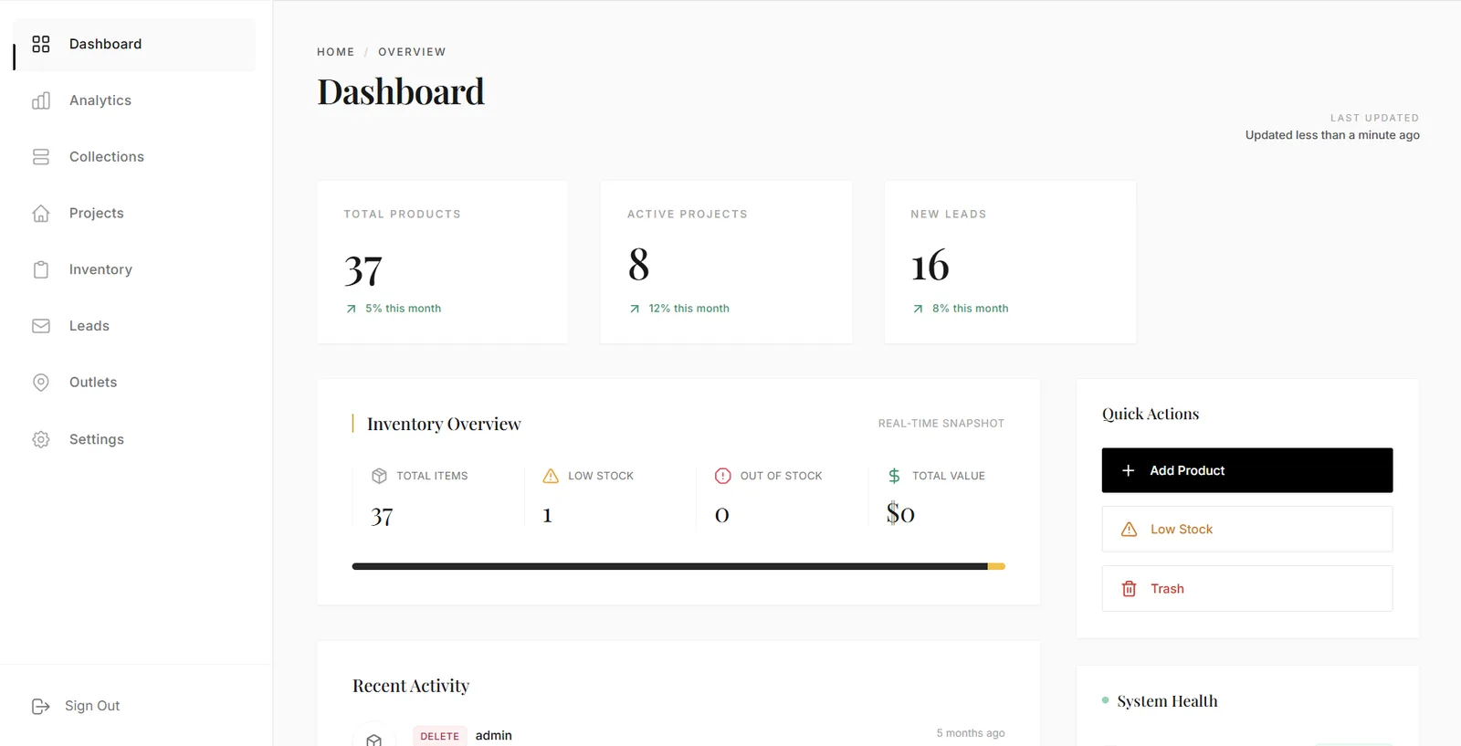 A console dashboard counting total products, active projects and new leads, above an inventory overview strip and three quick actions.