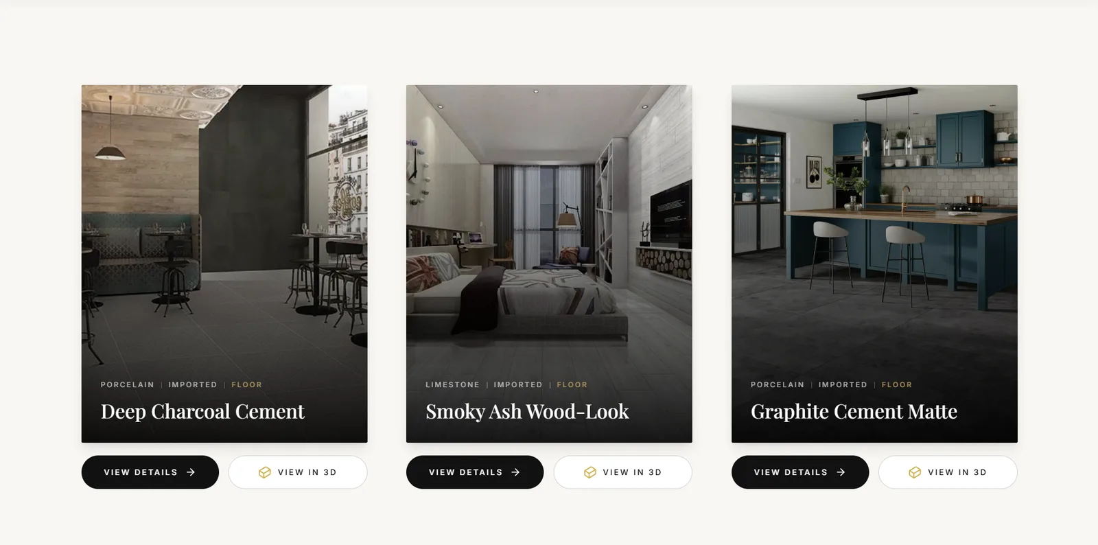 Three tall product cards, each captioned with its material, origin and application above the tile name, and each carrying a View details and a View in 3D button.