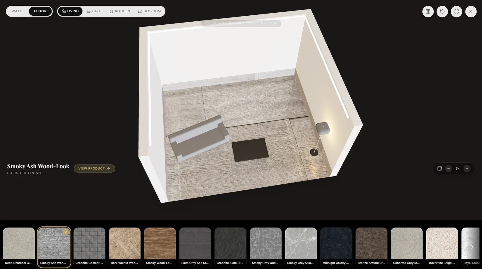 The room viewed from overhead with the tile scale stepped up to three times, showing fewer and larger floor tiles.