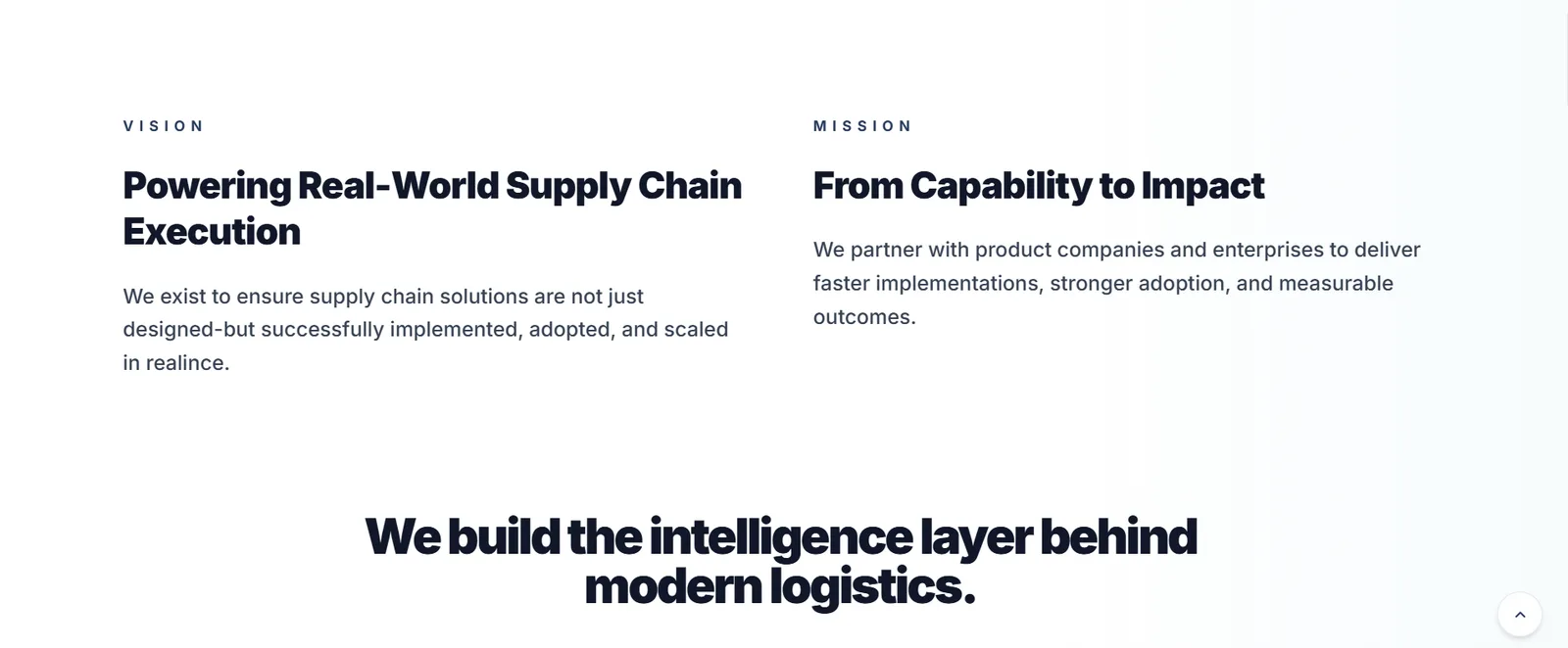 A vision and mission section in two columns, resolving into one large line about building the intelligence layer behind modern logistics.